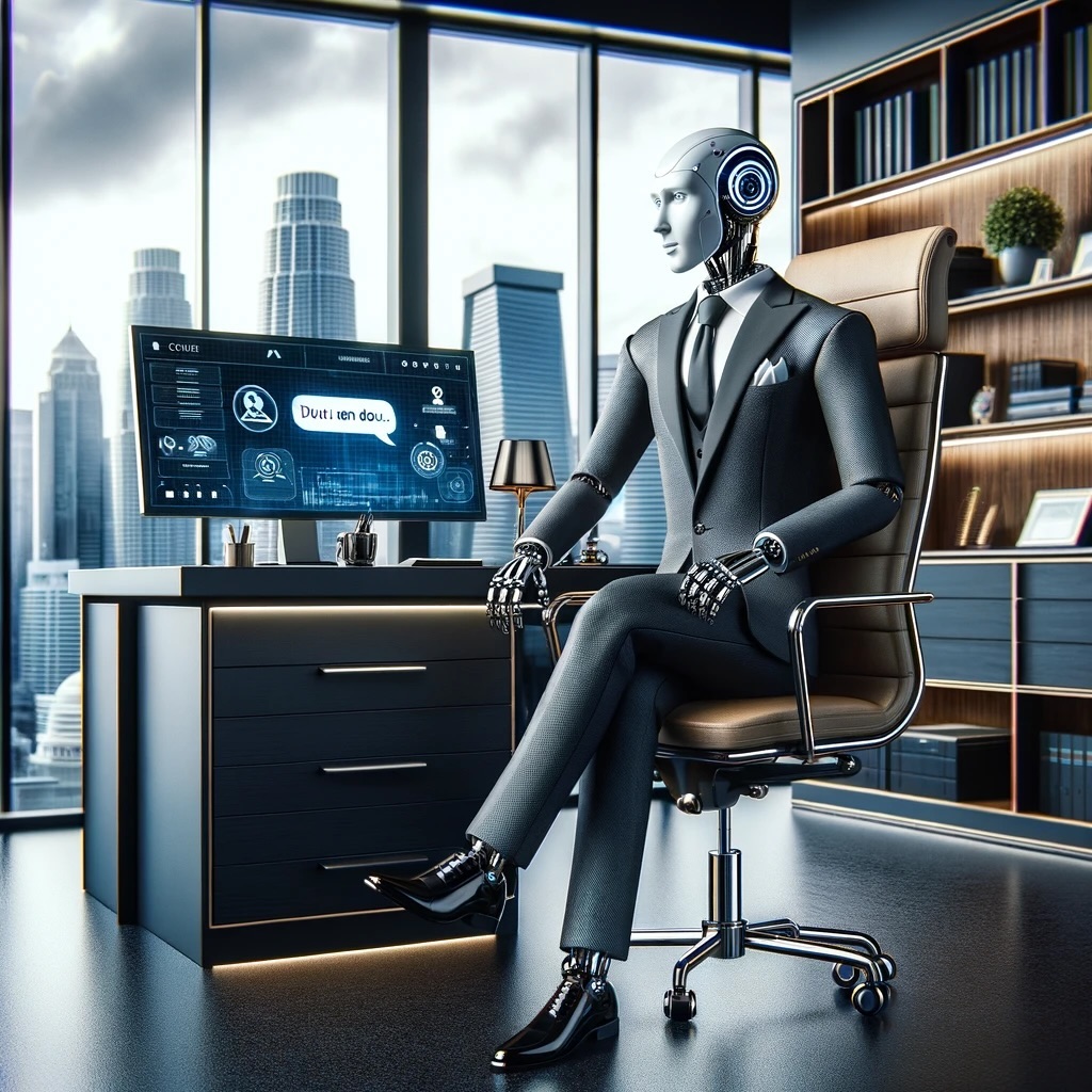 ChatGPT as a ChatGPT CEO draws itself as a white male robot in a suit