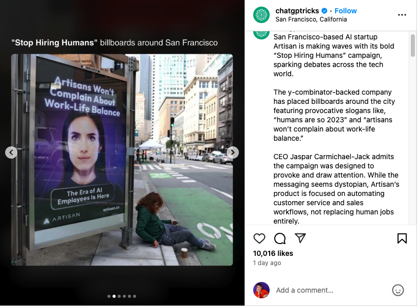 Photo of an advertisement from Artisan, which states, 'The Era of AI Employees is here' in a bus stop. A homeless woman sits in the gutter next to it. "stop hiring humans" campaign